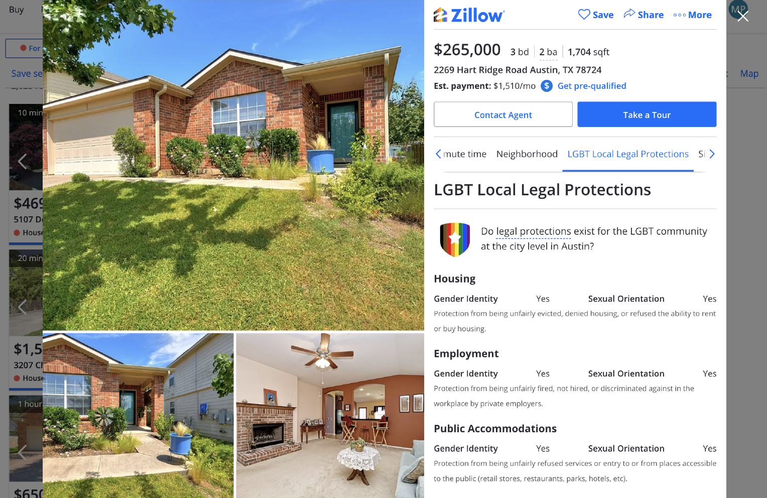Screenshot of a Zillow listing that includes fair housing legal protections information.