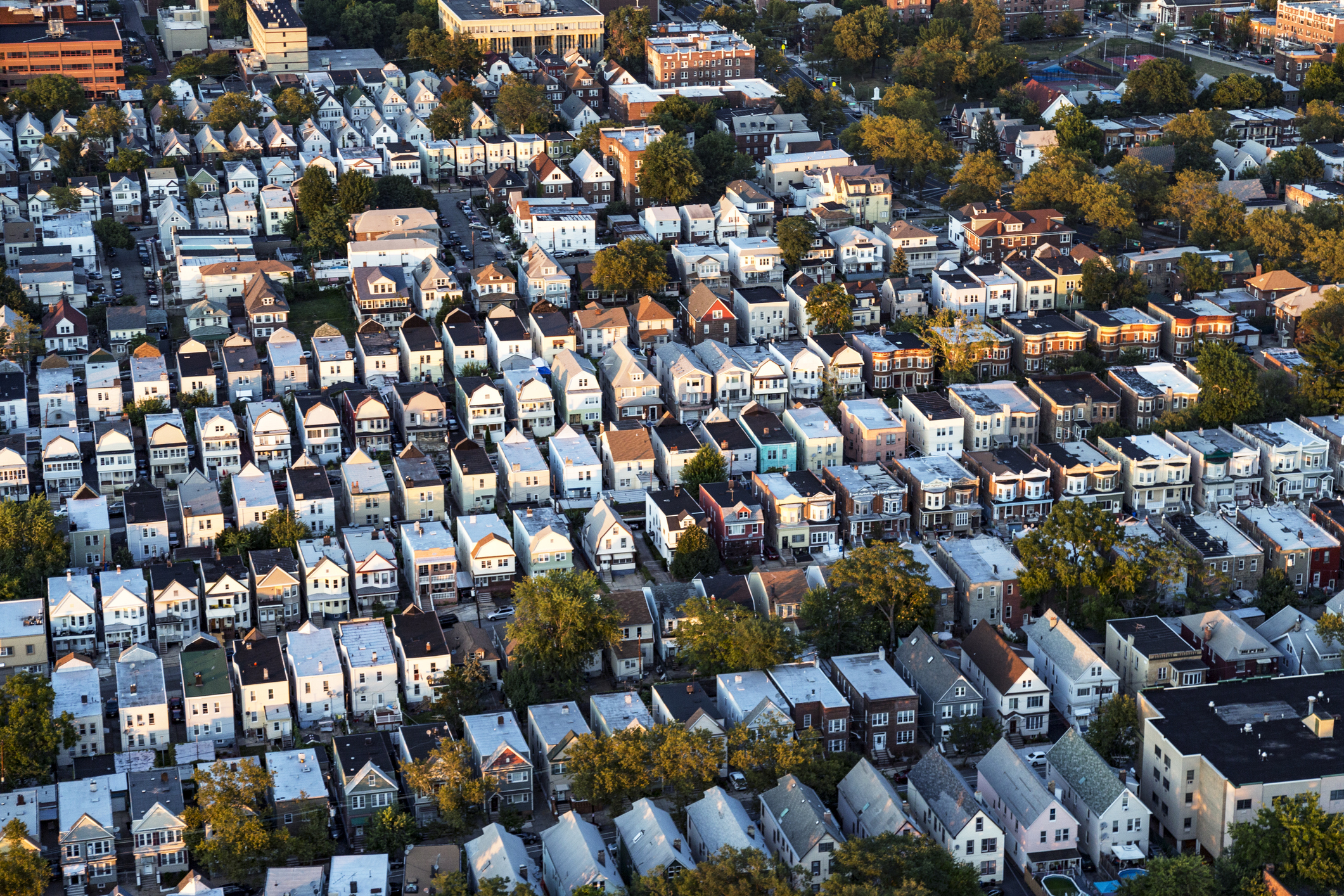 Aerial view of a dense residential district