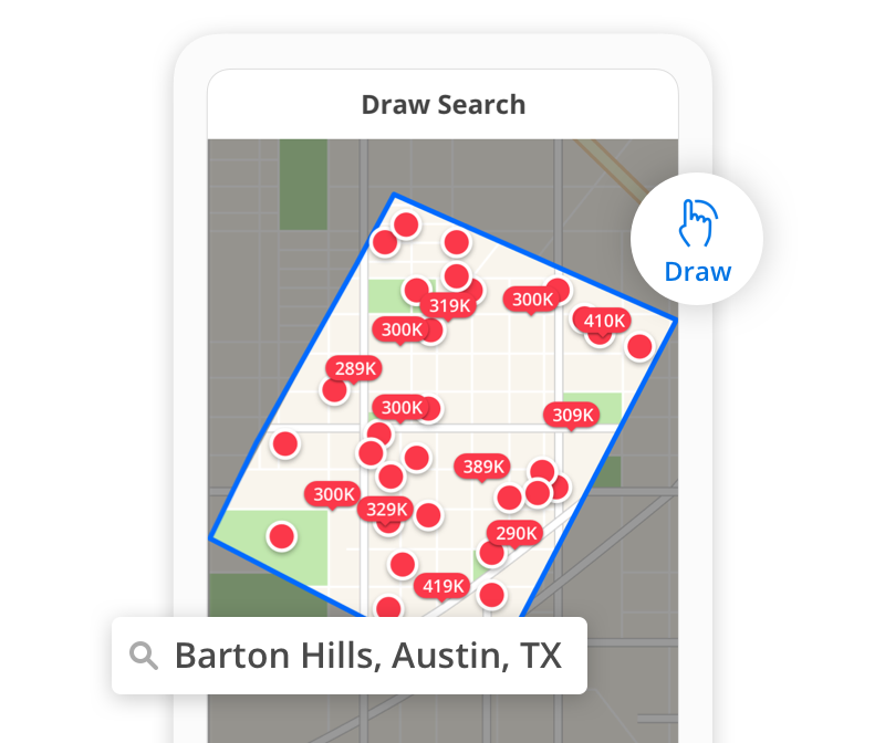 screen shot of Zillow mobile application with draw boundaries feature highlighted