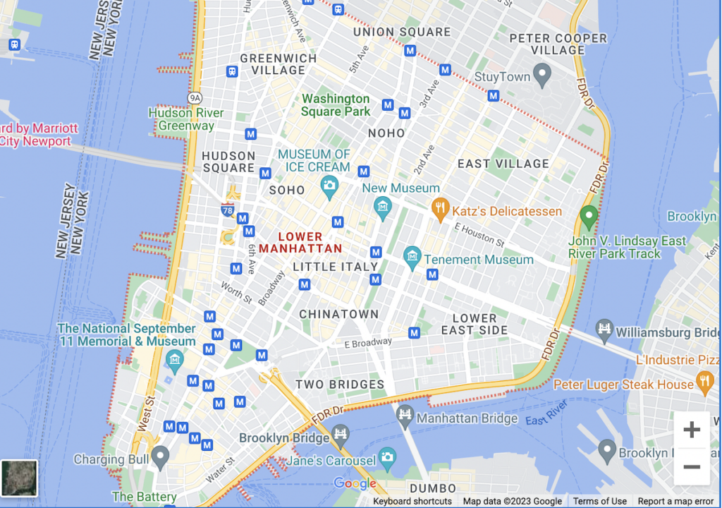 screenshot of Google Maps showing Lower Manhattan streets