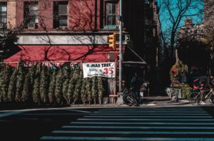 A Christmas tree lot on the side of a New York City Street.