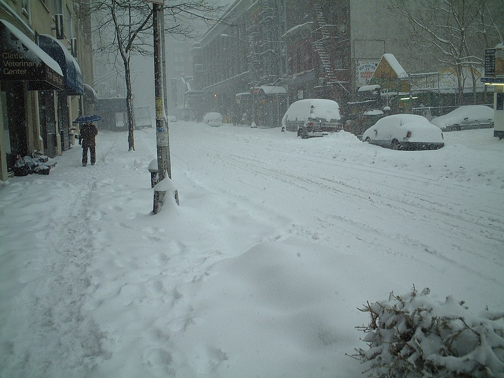 snowy street on Christmas in NYC