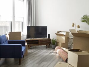 living room with boxes of new apartment essentials