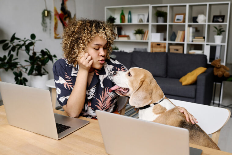 woman with dog in pet-friendly apartment