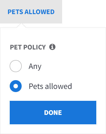 Screenshot of Pets filter on StreetEasy. Under Pets Policy, you can select "Any" or "Pets Allowed" and then click "Done"