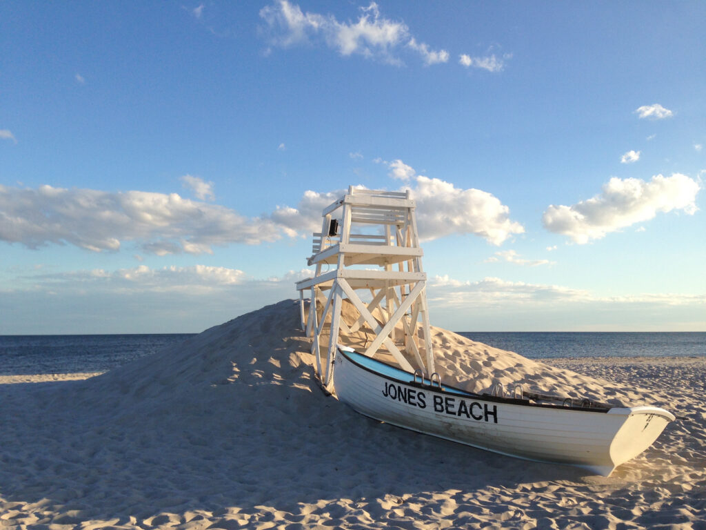 Boat and lifeguard tower on Jones Beach, Long Island, NY