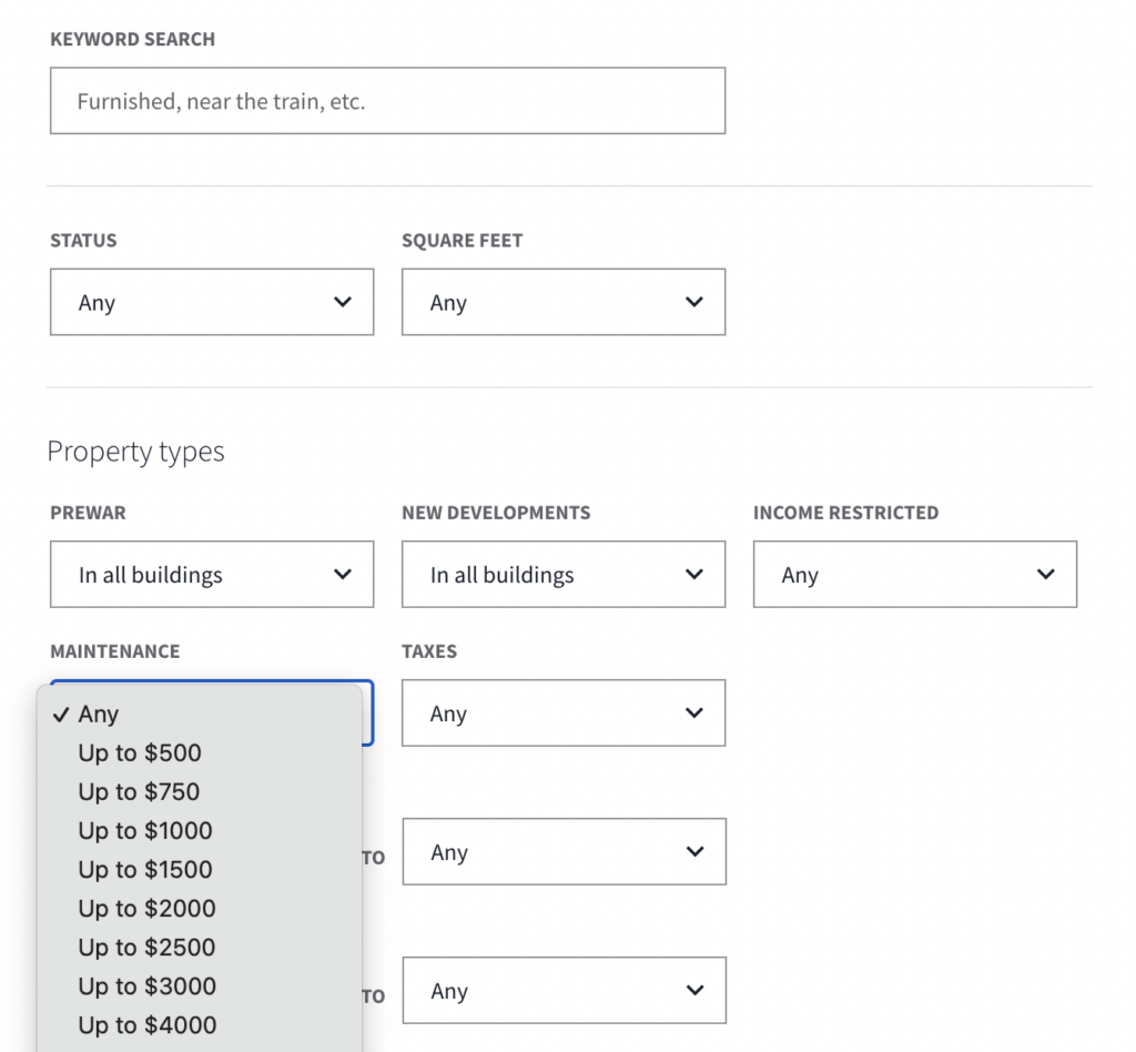 "More Filters" menu on a StreetEasy listing. Under Property Types, a Maintenance dropdown menu allows you to choose the maximum monthly maintenance payment you're willing to pay.