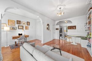 living room and banquette in Park Slope co-op