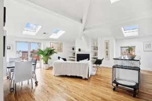 living room with skylights in Cobble Hill penthouse