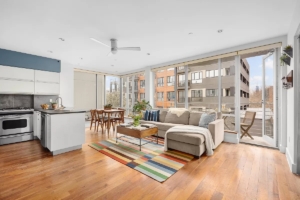living room in Greenpoint condo with two balconies