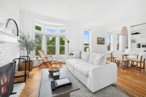 living room with fireplace in 2-bedroom in Brooklyn Heights