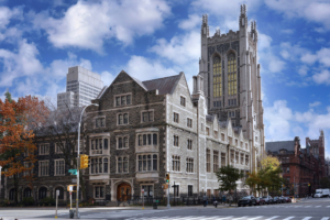 Gothic building and tower of the Union Theological Seminary in Morningside Heights