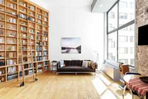 built-in bookcase in living room in Greenwich Village duplex loft
