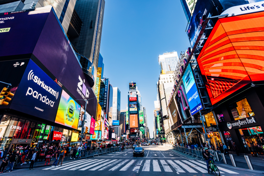 heart of Times Square where Broadway and 7th Avenue intersect - live in Times Square