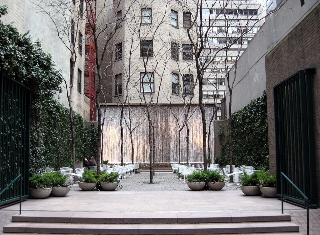 Paley Park with waterfall in background - live in Times Square