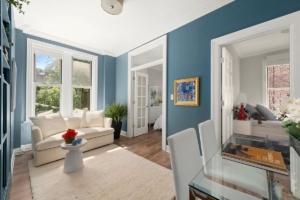 living room with blue walls in Gramercy Park 2-bedroom
