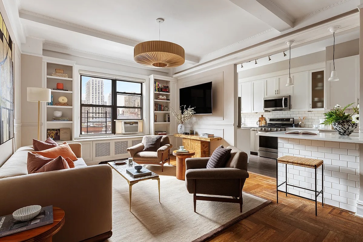 living room and kitchen in an Upper West Side corner unit 2-bedroom