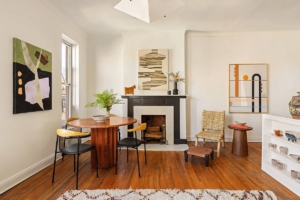 dining room with fireplace in top-floor Brooklyn Heights 1BR