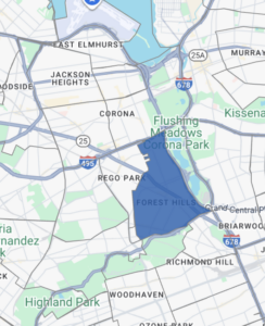 Forest Hills marked in blue on map of surrounding Queens neighborhoods
