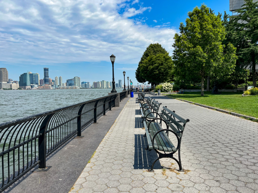 The Hudson River Esplanade runs along the river in Battery Park City