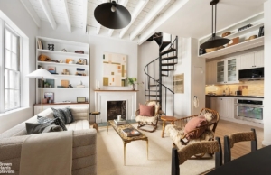 living room with spiral staircase in Upper West Side brownstone