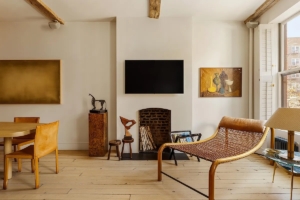 decorative fireplace in living room of West Village 1-bedroom