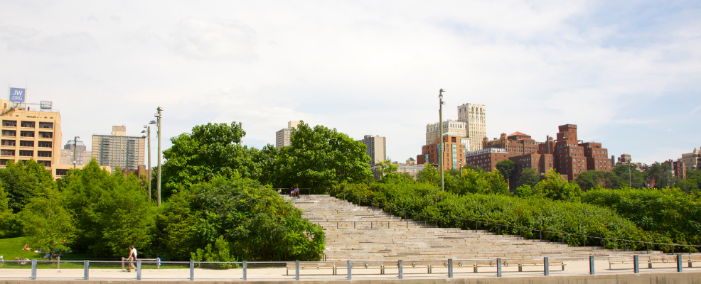 Apartment buildings by Riverside Park walkway in New York City
