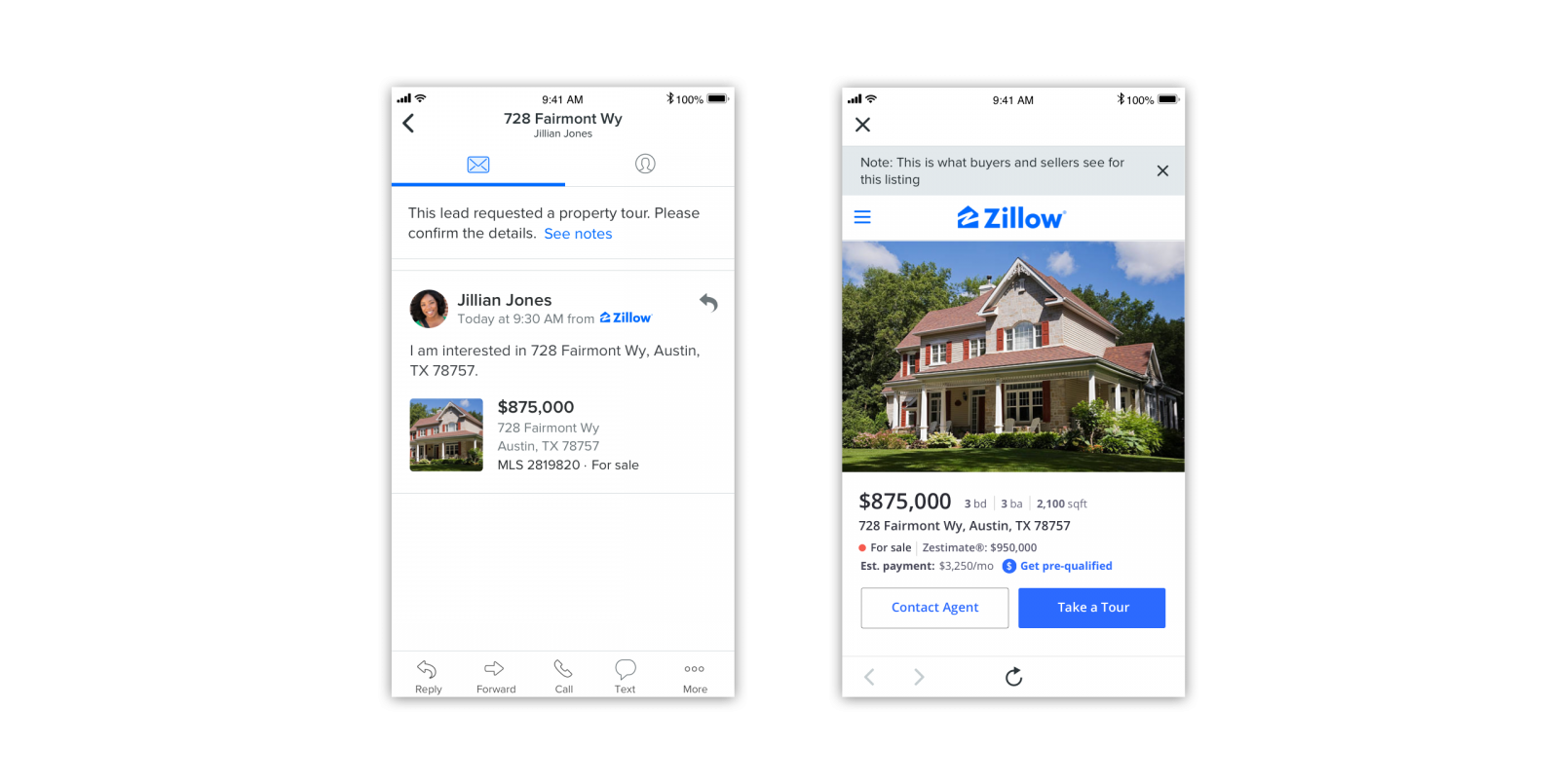 A screenshot of the Zillow app experience showing that a lead has requested to tour a home