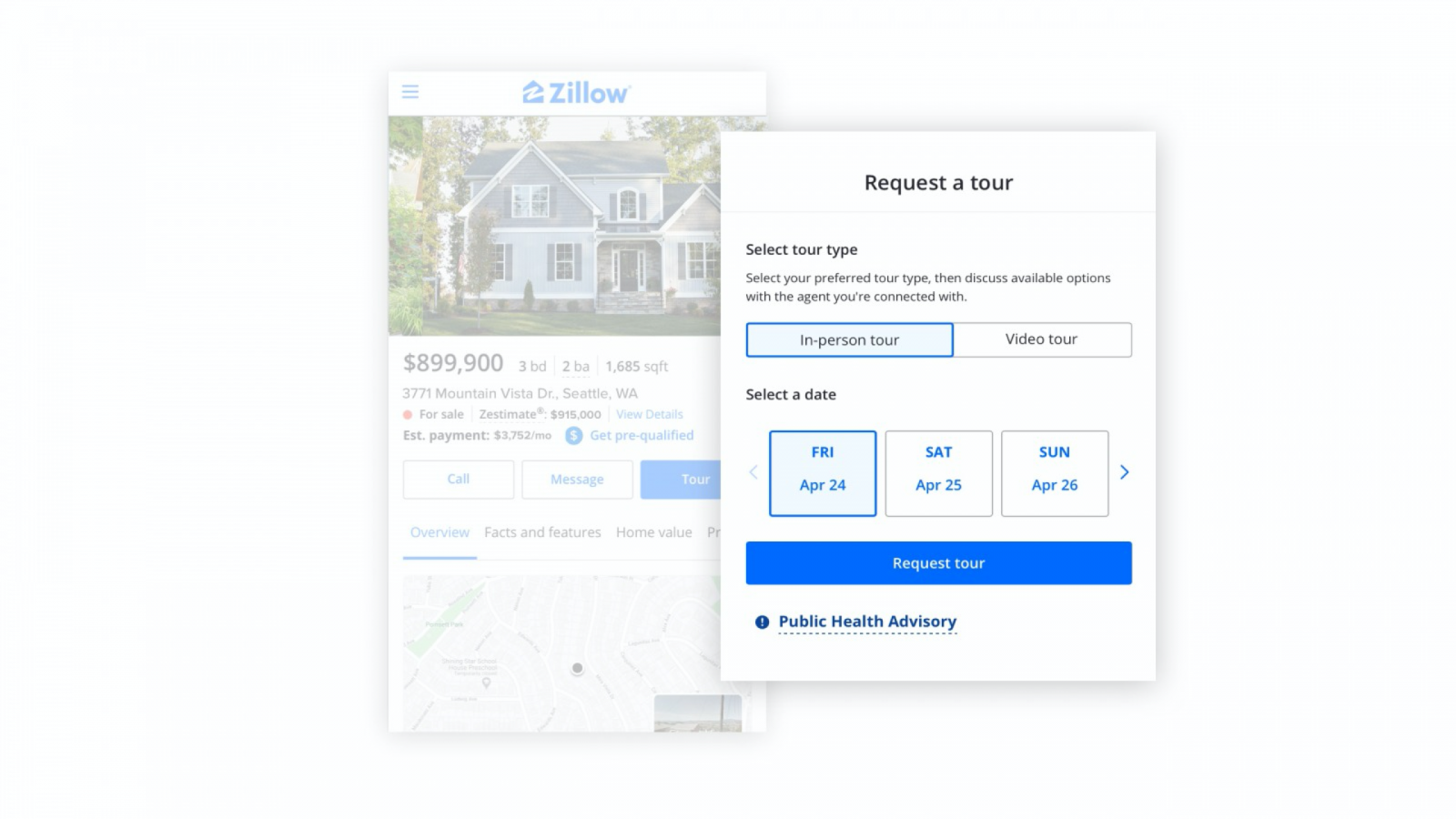 Screenshot of a device screen with a home listing and available tour dates