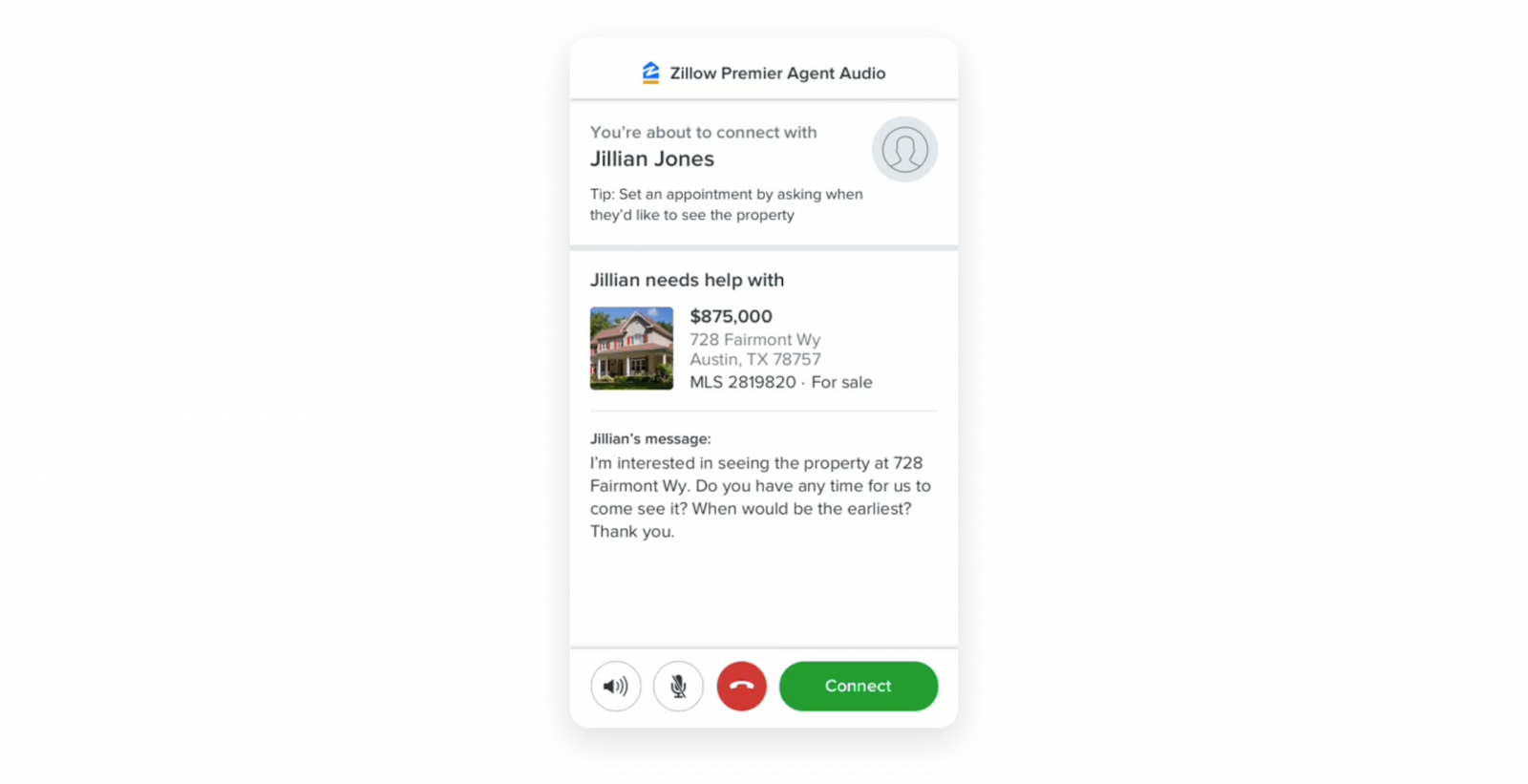 Phone screen of a tour connection. A buyer, Jillian, has requested to tour a home and a Zillow Premier Agent receives a message from Jillian.