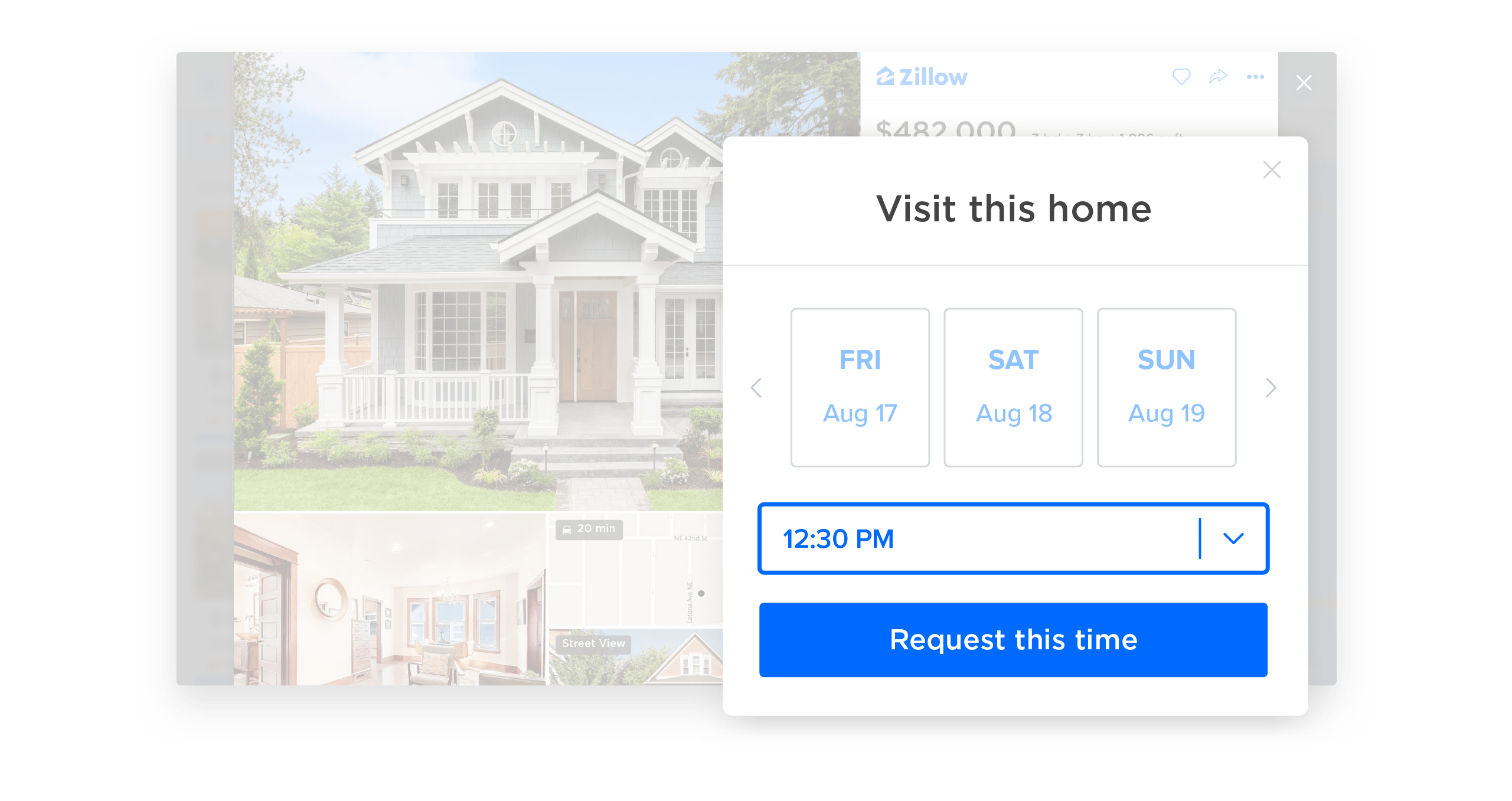 Screenshot of Zillow's tour time selection option