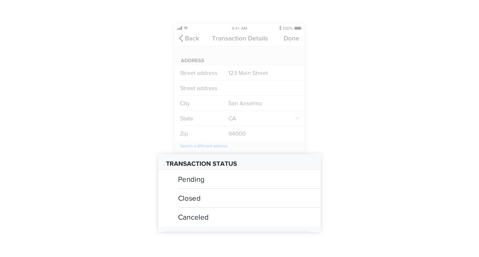 A preview of transaction statuses in the Zillow Premier Agent app.