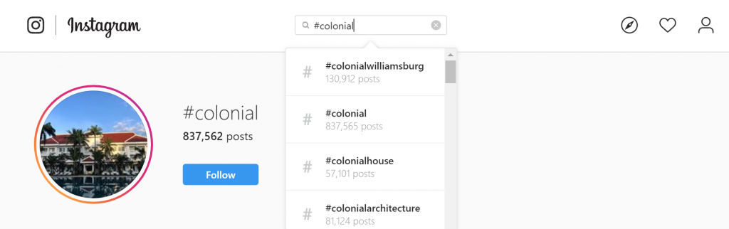 Search results for the real estate hashtag '#colonial' on Instagram.