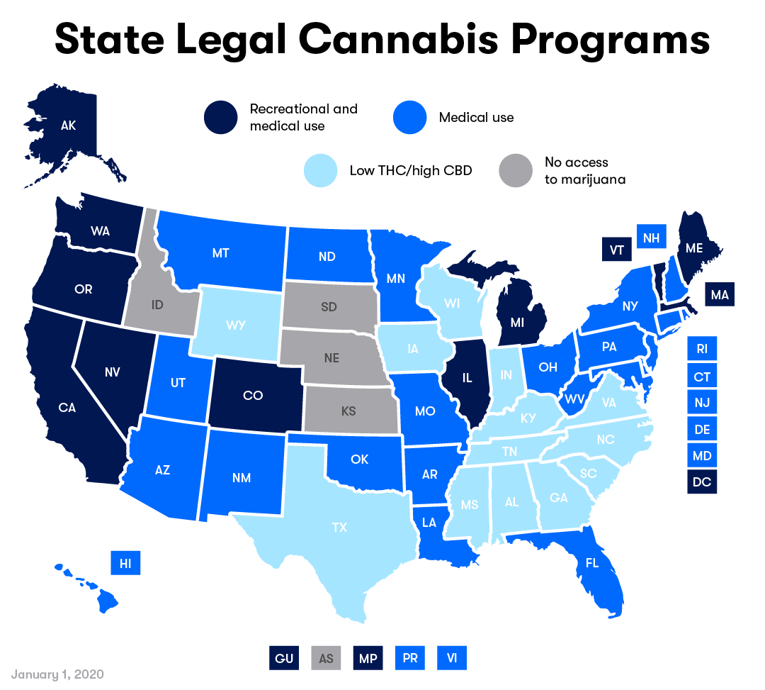 Color coded map of the United States, indicating states where marijuana use is legal