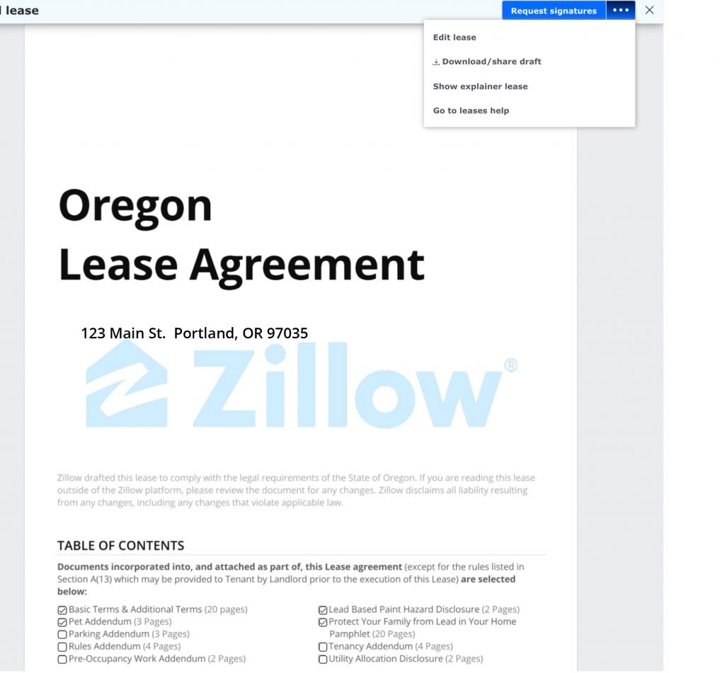 How to request signatures for a rental lease agreement created using Zillow Rental Manager.