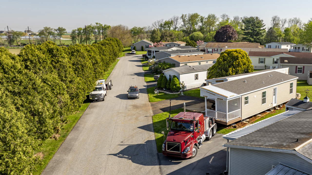 An aerial view of mobile homes.