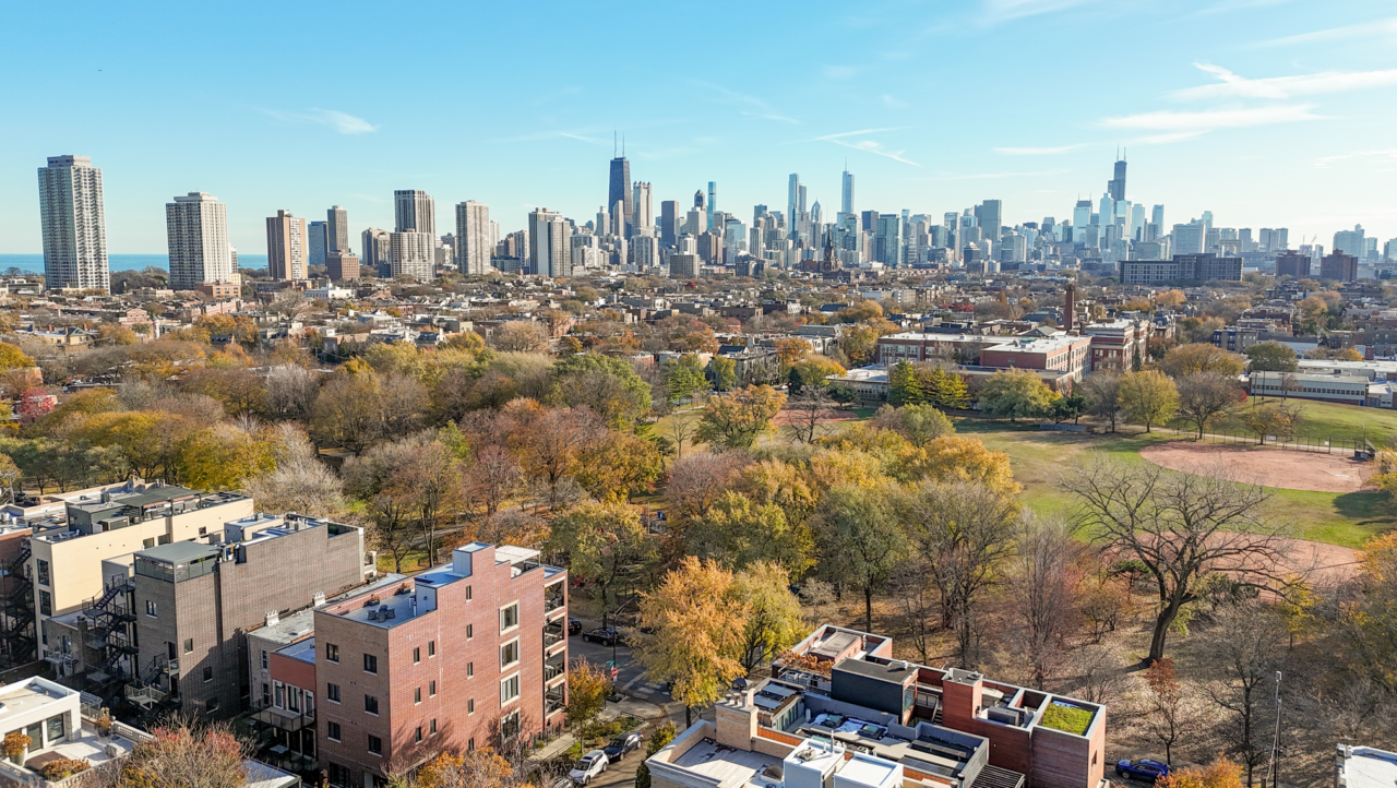 A view of the Chicago skyline from a distance.