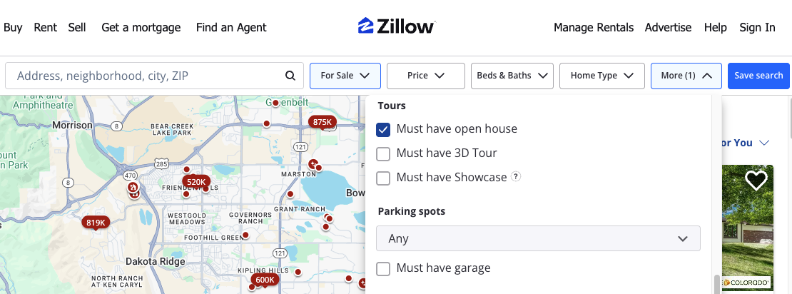 open-houses-filter-on-zillow