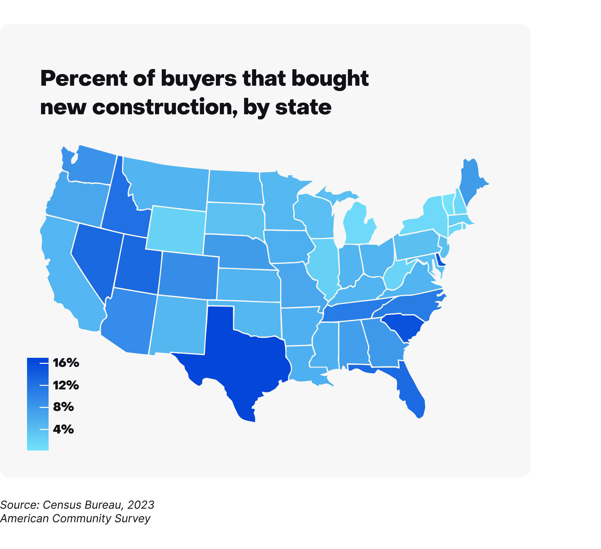 A image of the U.S. showing the percent of buyers that bought new construction by state.