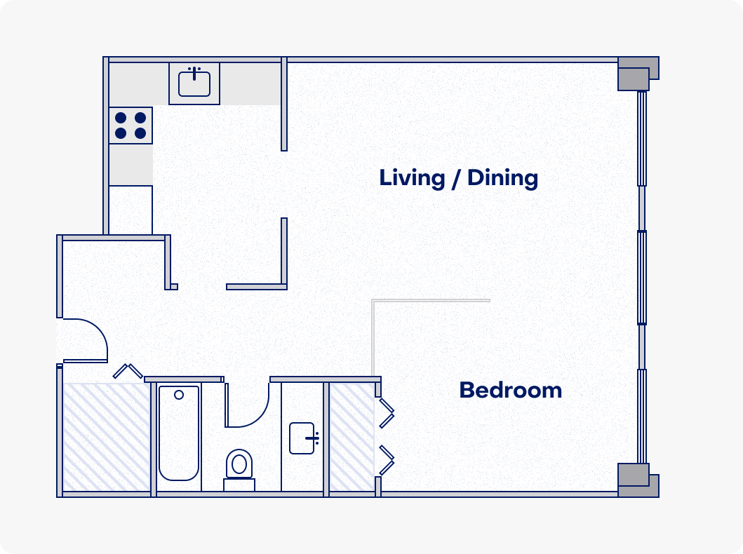 Convertible apartments are similar to studios in their open layout, but they have a large enough living area that you can partition off part of it into another bedroom or office. 