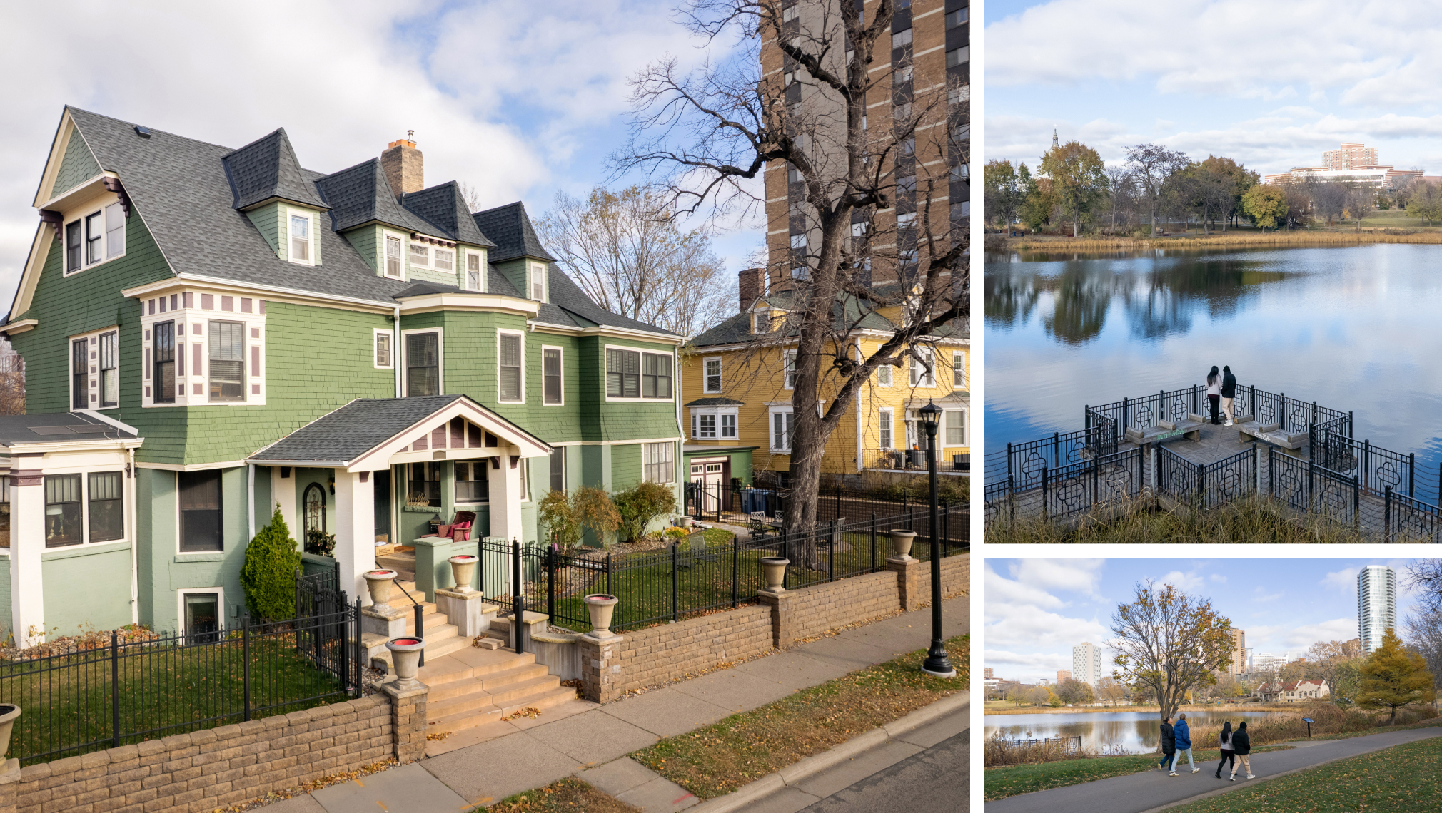 Images of the lake and homes in Loring Park in Minneapolis