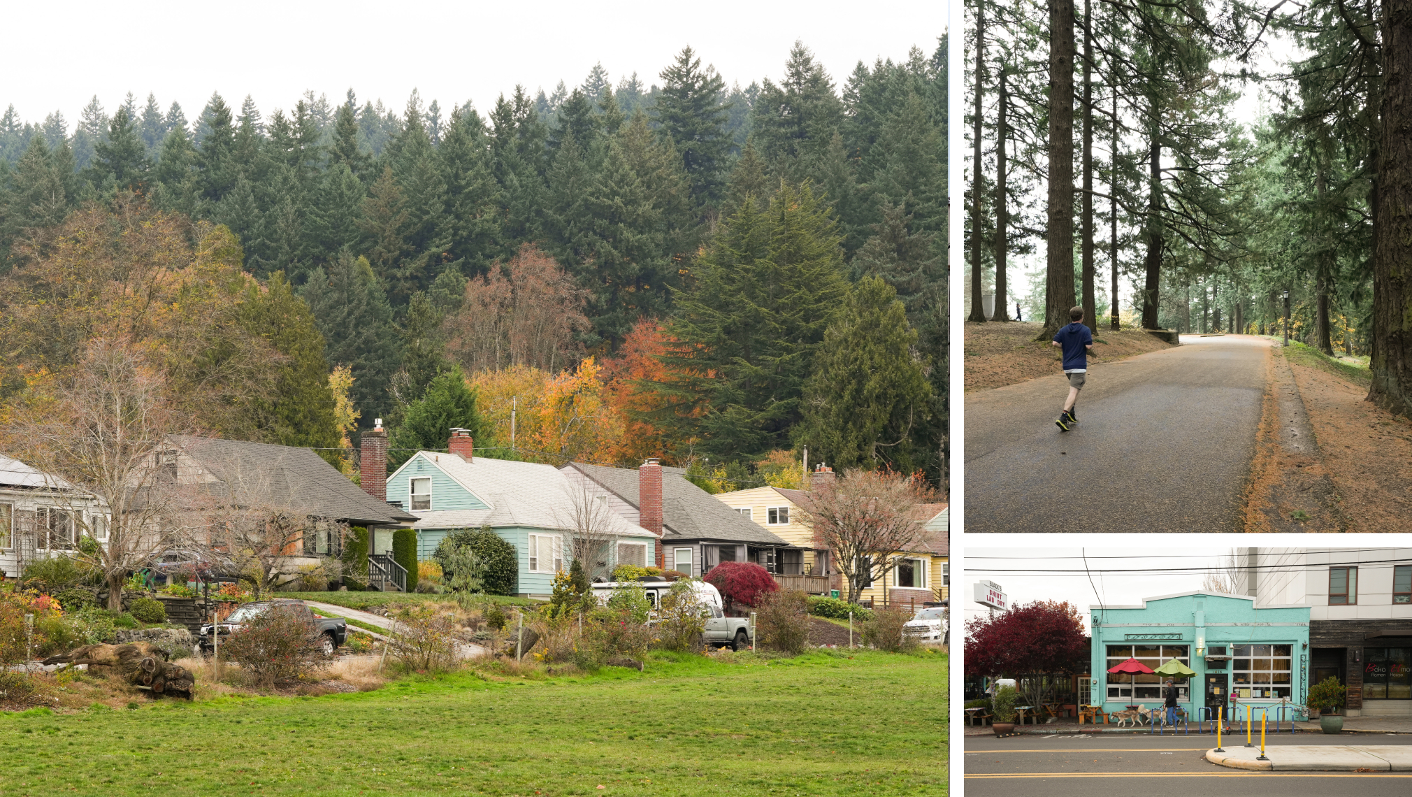 Three images of Mount Tabor neighborhood, Portland, Oregon