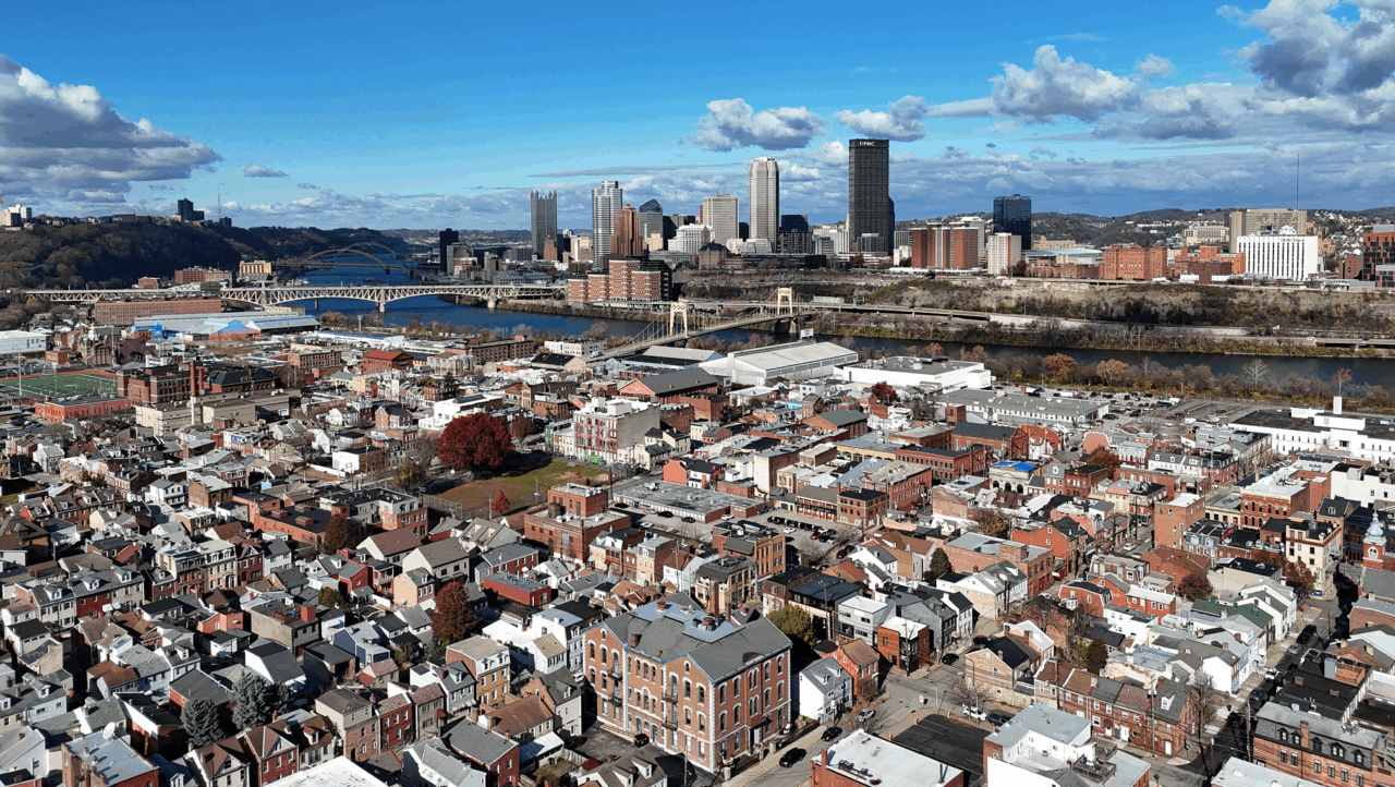 An aerial view of the South Side Flats neighborhood in Pittsburgh