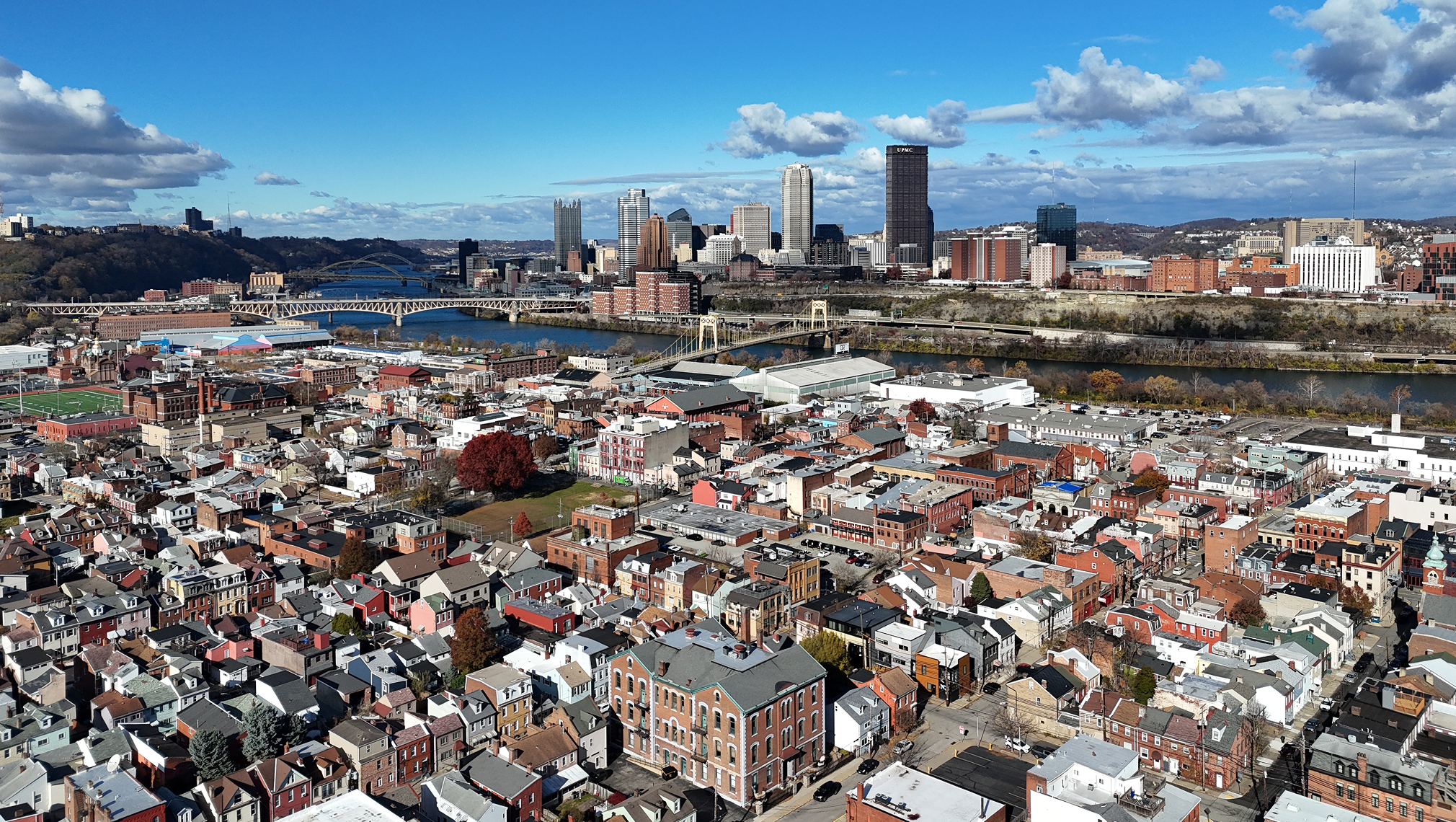 An aerial view of the South Side Flats neighborhood in Pittsburgh