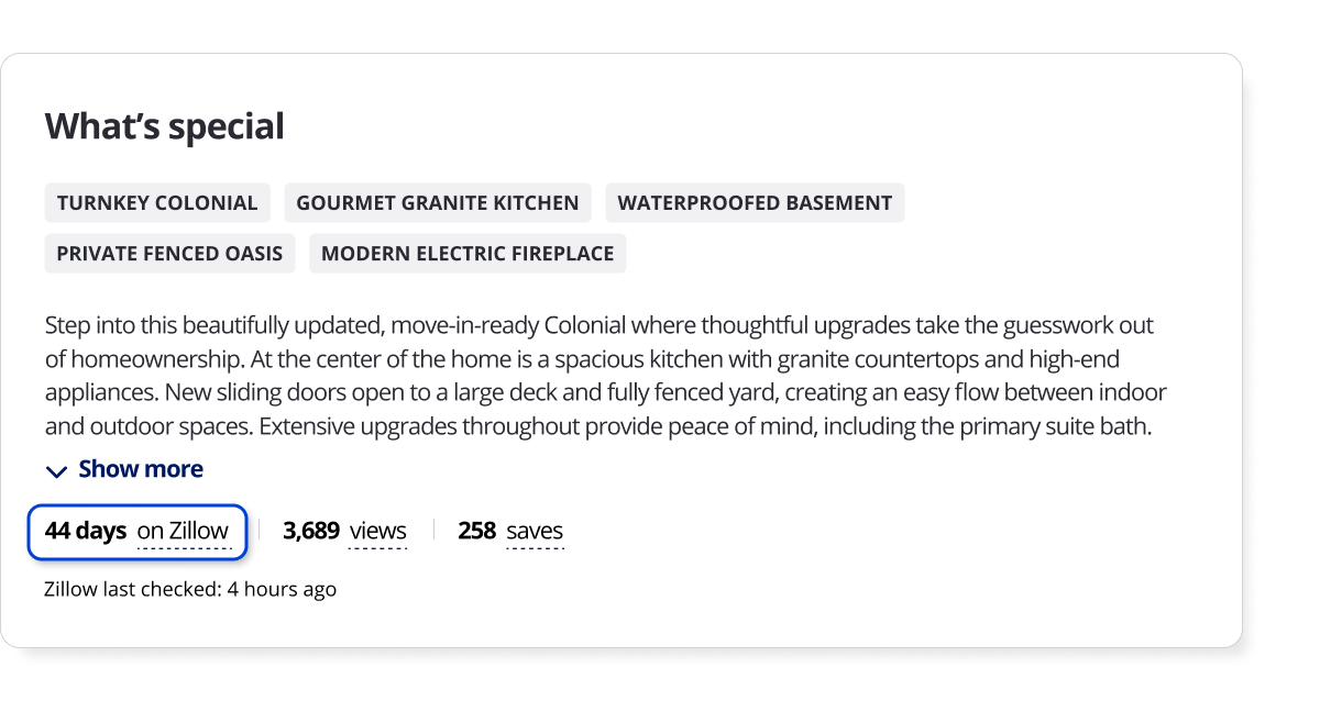 A screenshot of the Zillow app showing how many days a home has been listed on Zillow.
