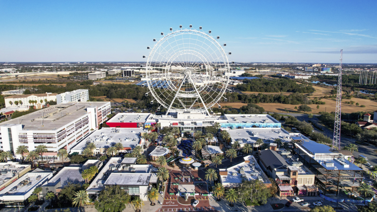 A bird's eye view of a giant Ferris wheel in Orlando.