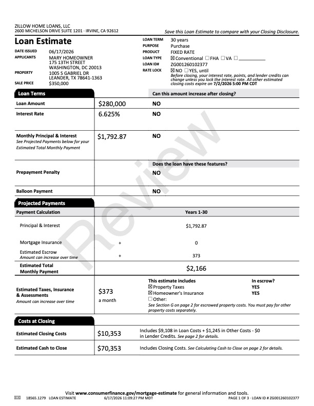 Example of page 1 of a mortgage loan estimate