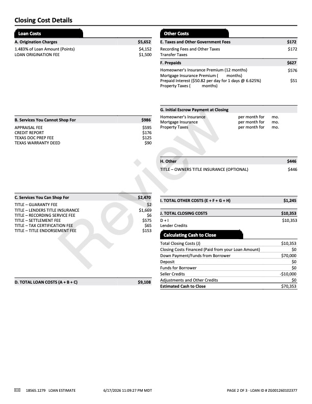 Example of page 2 of a mortgage loan estimate