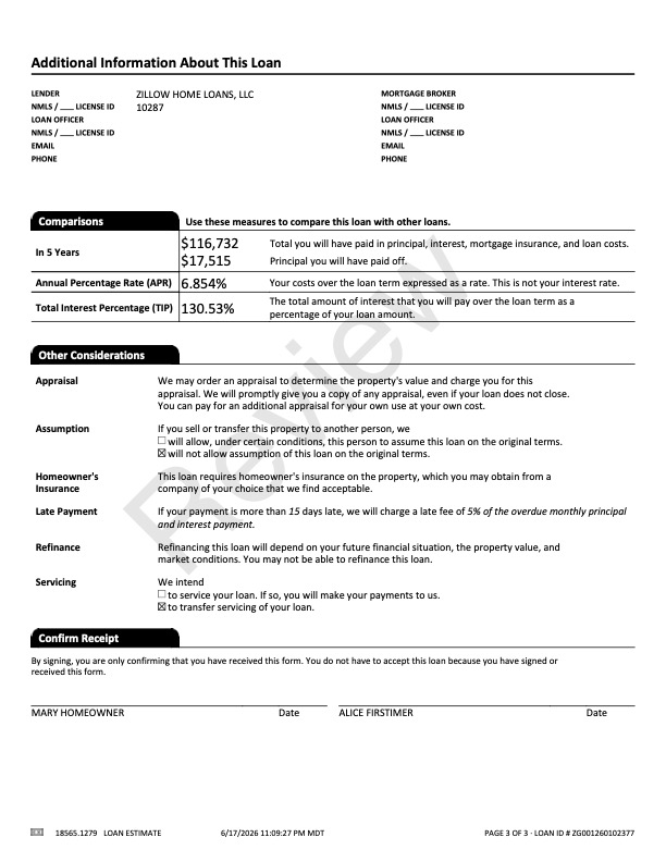 Example of page 3 of a mortgage loan estimate