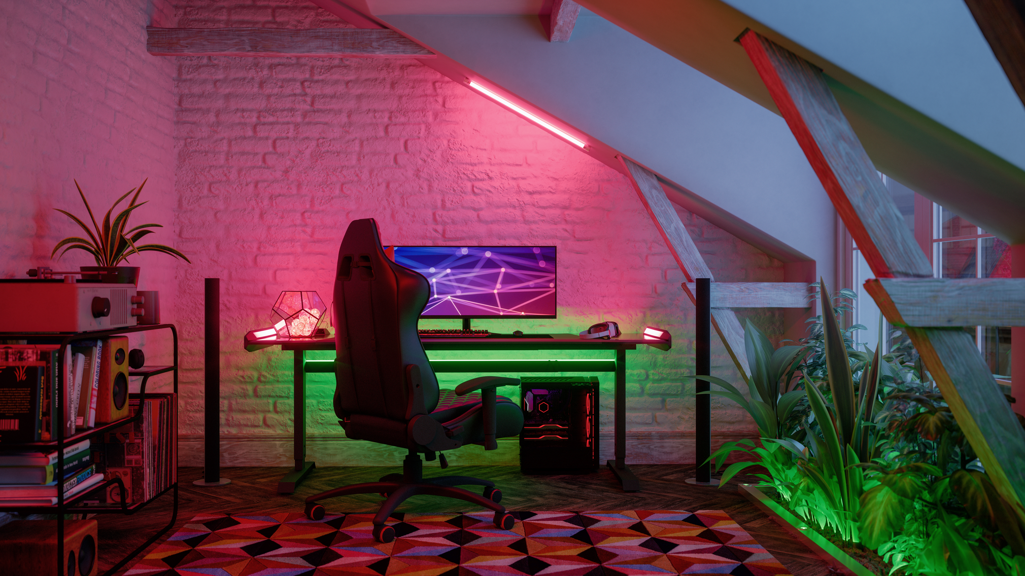 A gaming setup, including glowing lights, sits ready for action.